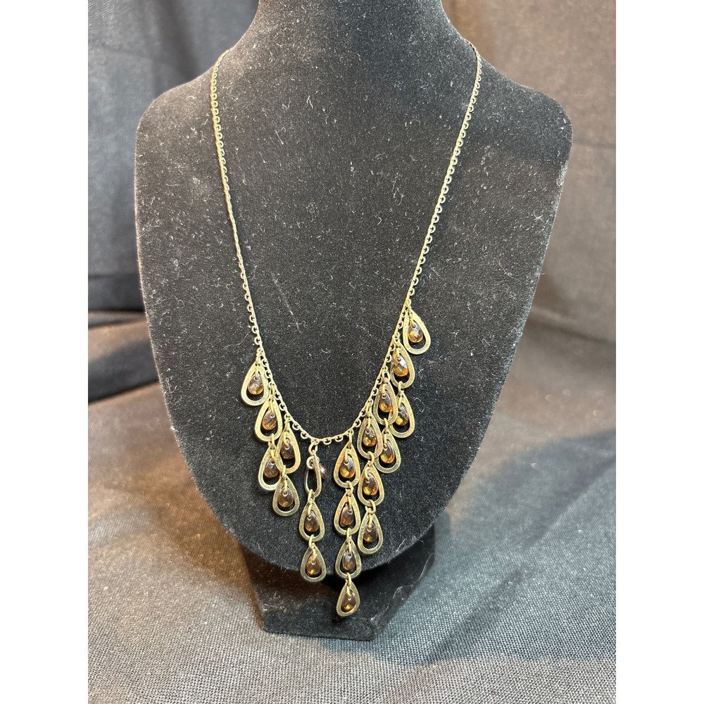 Dainty Teardrop Dangle Necklace Amber Tone Beads Gold Tone Chain Fashion Jewelry